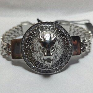 NWT ANTHONY JACOBS STAINLESS DOUBLE ROW CHAIN LION HEAD BRACELET 9"